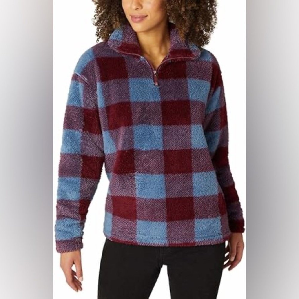 Eddie Bauer XL 1/4 zip fleece jacket plaid flannel pattern fuzzy soft